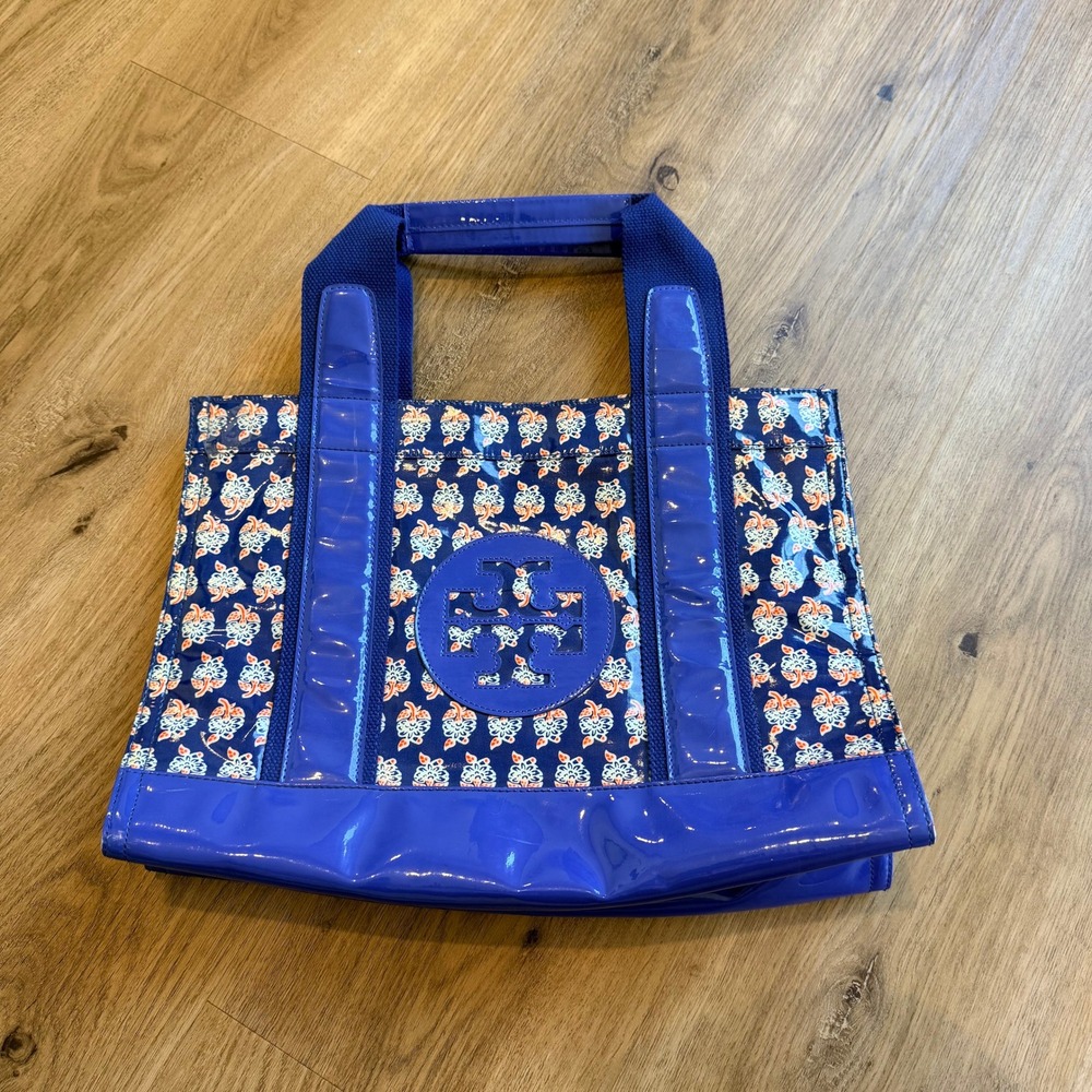 Tory Burch Ella Tote Bag Blue‎ Floral Patent Leather Trim Logo Handbag